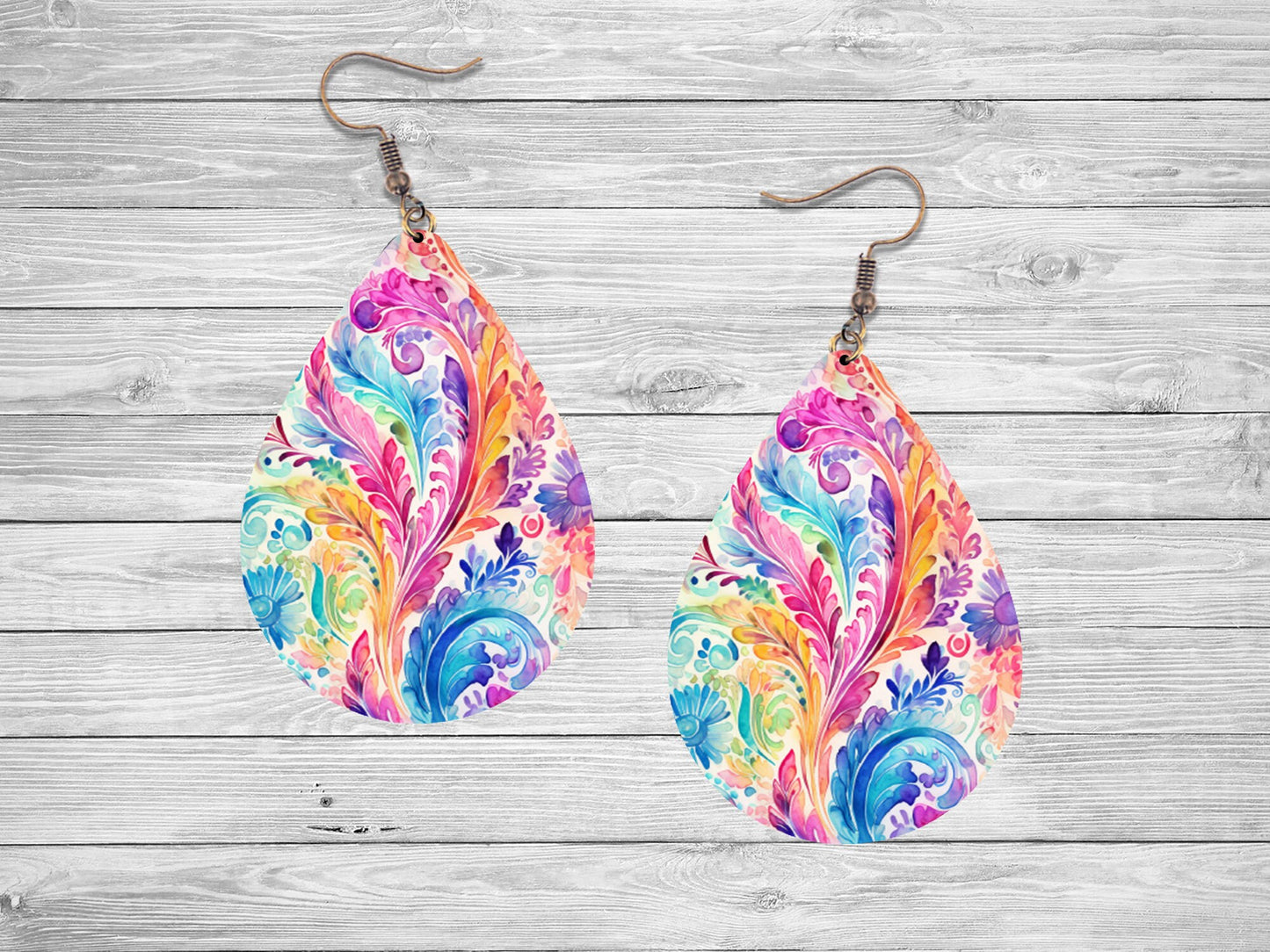 Color Wash Paisley Print Earrings Tear Drop Wood Dangle Earrings Hypoallergenic Jewelry