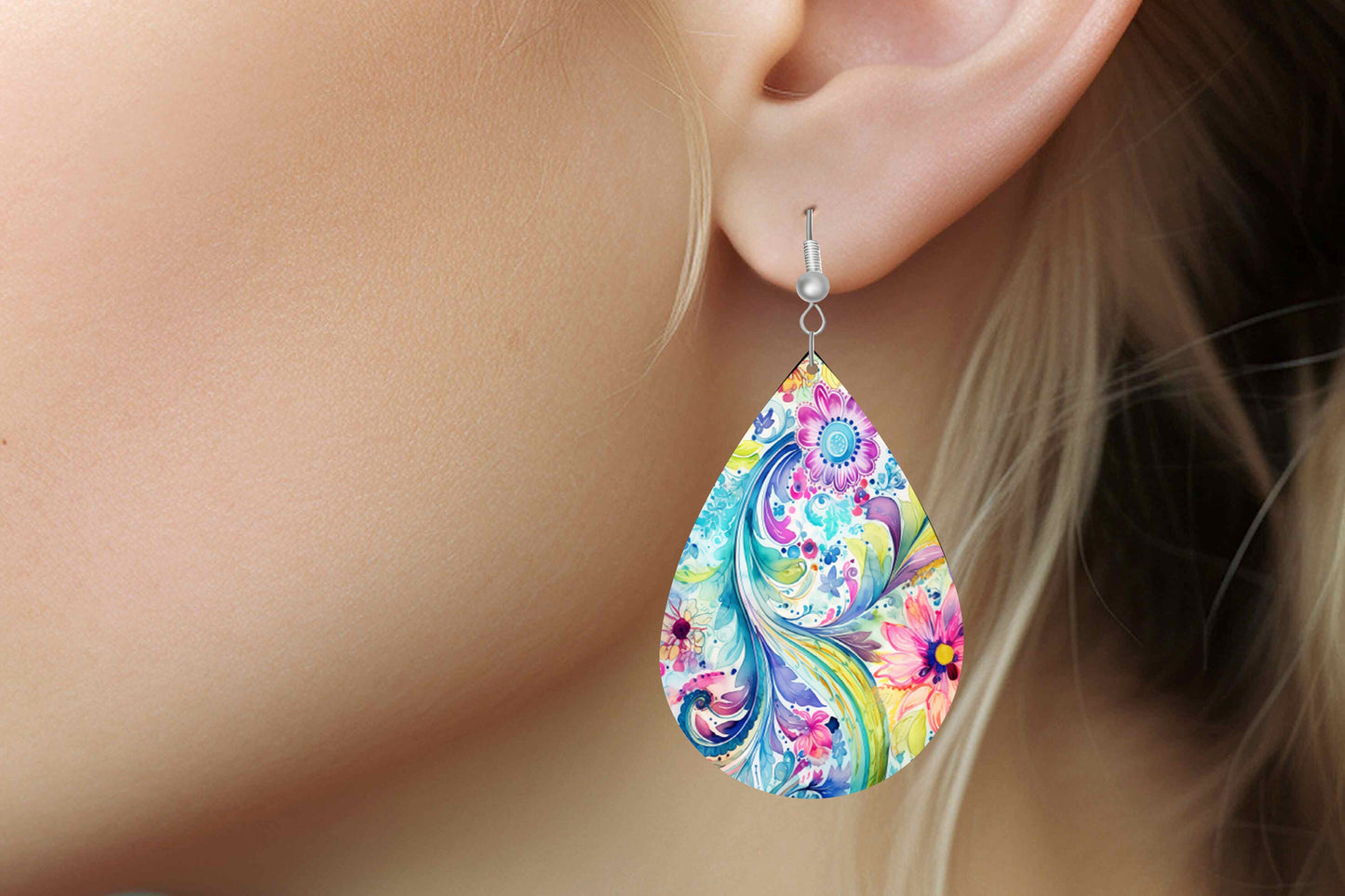 Elaina Paisley Print Earrings Tear Drop Wood Dangle Earrings Hypoallergenic Jewelry