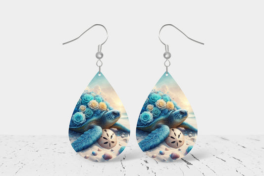 Floral Sea Turtle Print Earrings Tear Drop Wood Dangle Earrings Hypoallergenic Jewelry