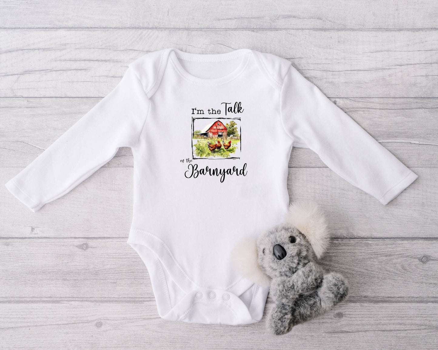 Baby Bodysuit, Talk of the Barnyard One Piece Baby Suit, Baby Gift, Long / Short Sleeve, 0-18 Months size