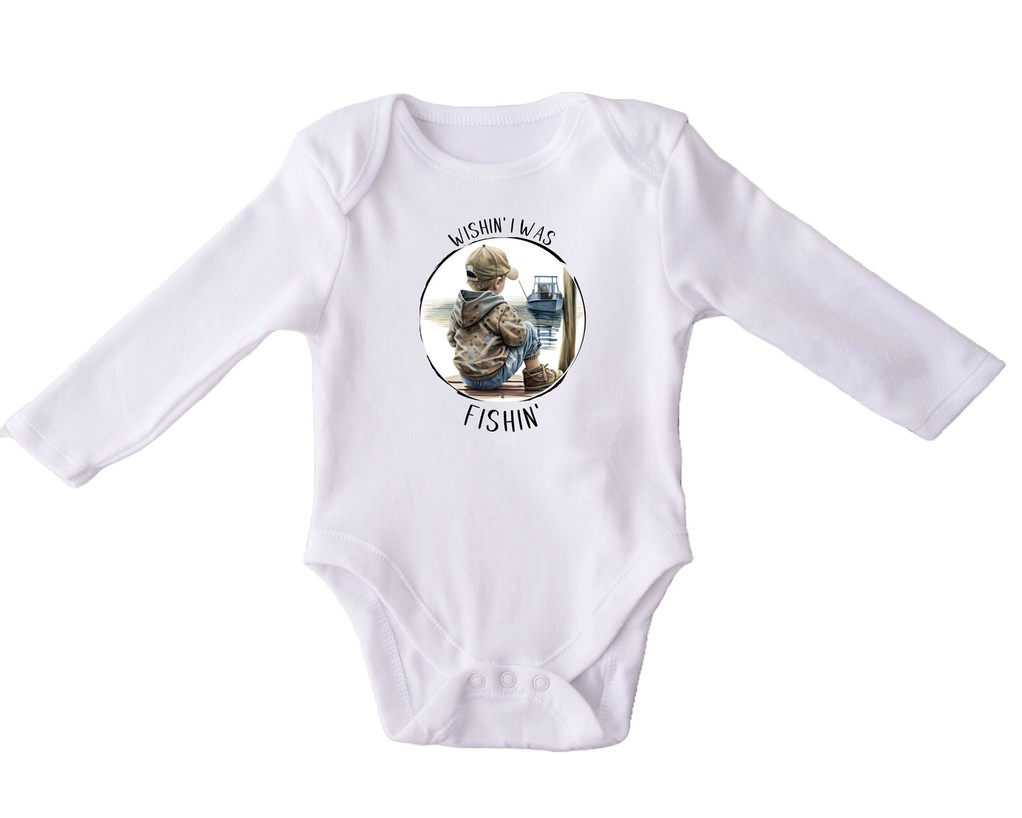 Baby Bodysuit, Wishin' I was Fishin' One Piece Baby Suit, Baby Gift, Long / Short Sleeve, 0-18 Months size