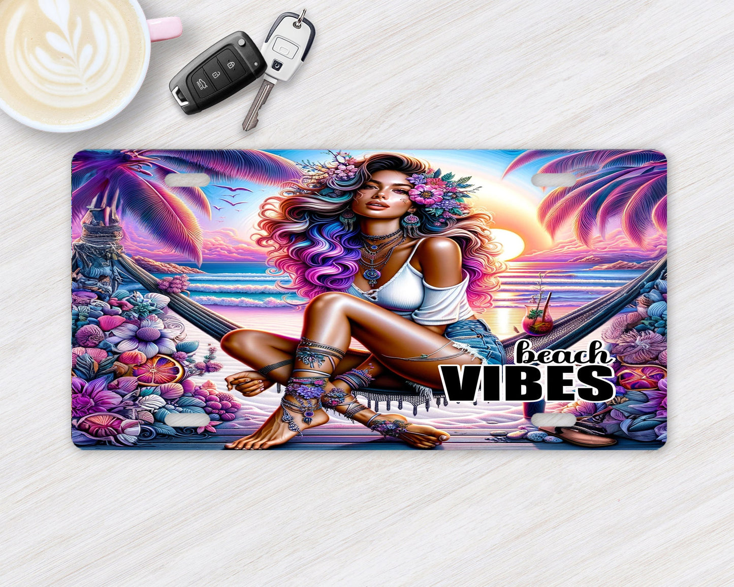 Vanity Front License Plate, Beach Vibes Girl Aluminum License Plate Car Accessory Decorative Front Plate