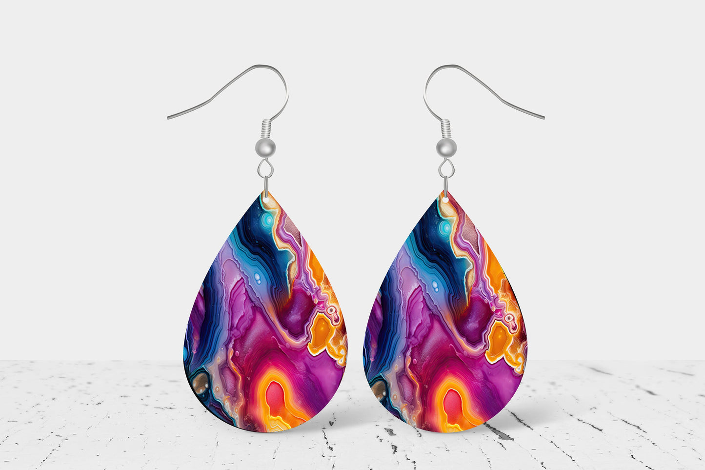 Neon Agate Earrings, Teardrop Dangle Printed Earrings Jewelry Handmade