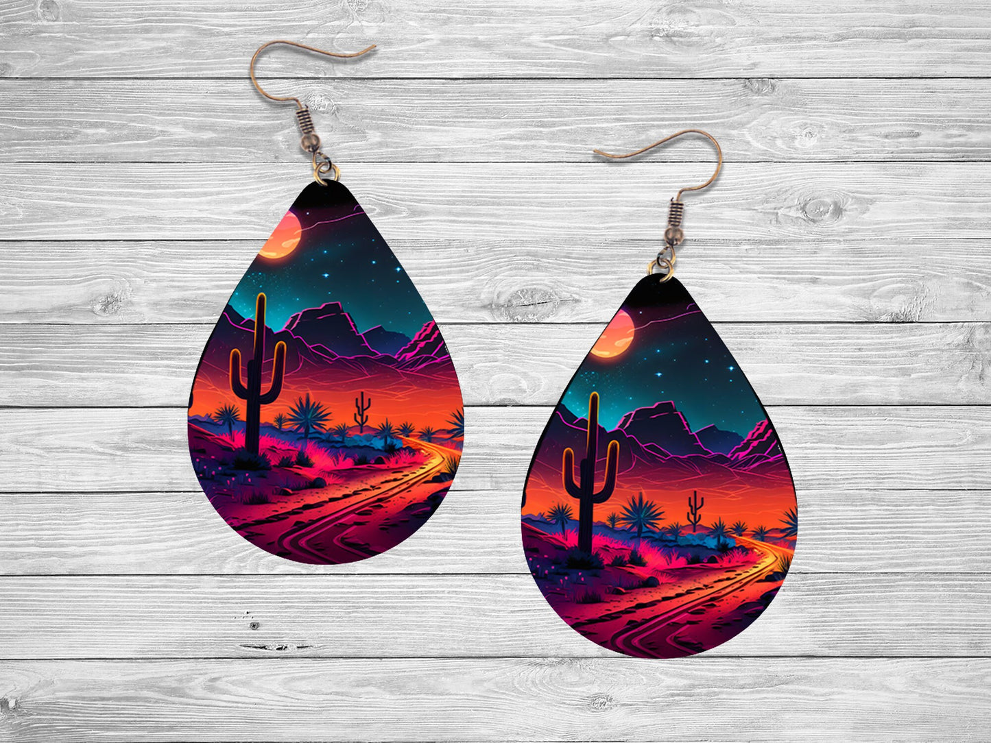 Neon Desert Night Earrings, Teardrop Dangle Printed Earrings Jewelry Handmade