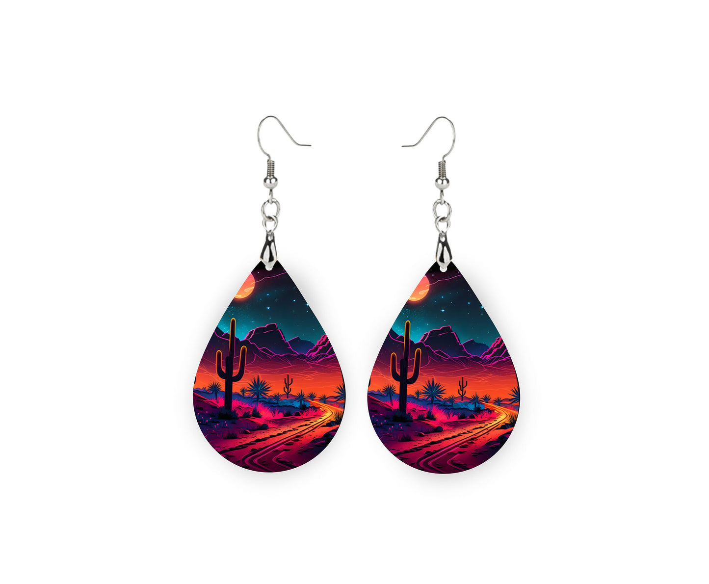 Neon Desert Night Earrings, Teardrop Dangle Printed Earrings Jewelry Handmade