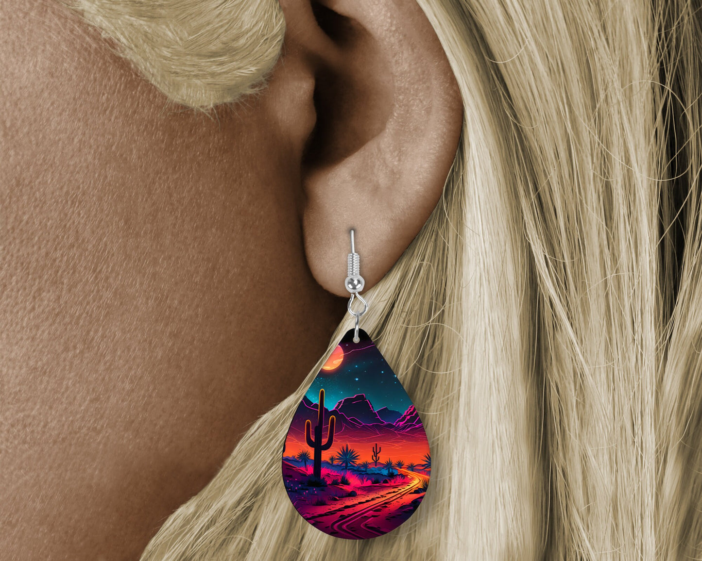 Neon Desert Night Earrings, Teardrop Dangle Printed Earrings Jewelry Handmade