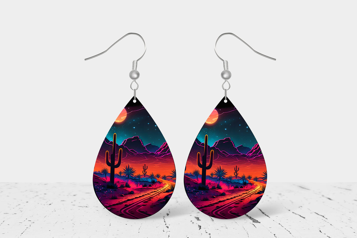 Neon Desert Night Earrings, Teardrop Dangle Printed Earrings Jewelry Handmade