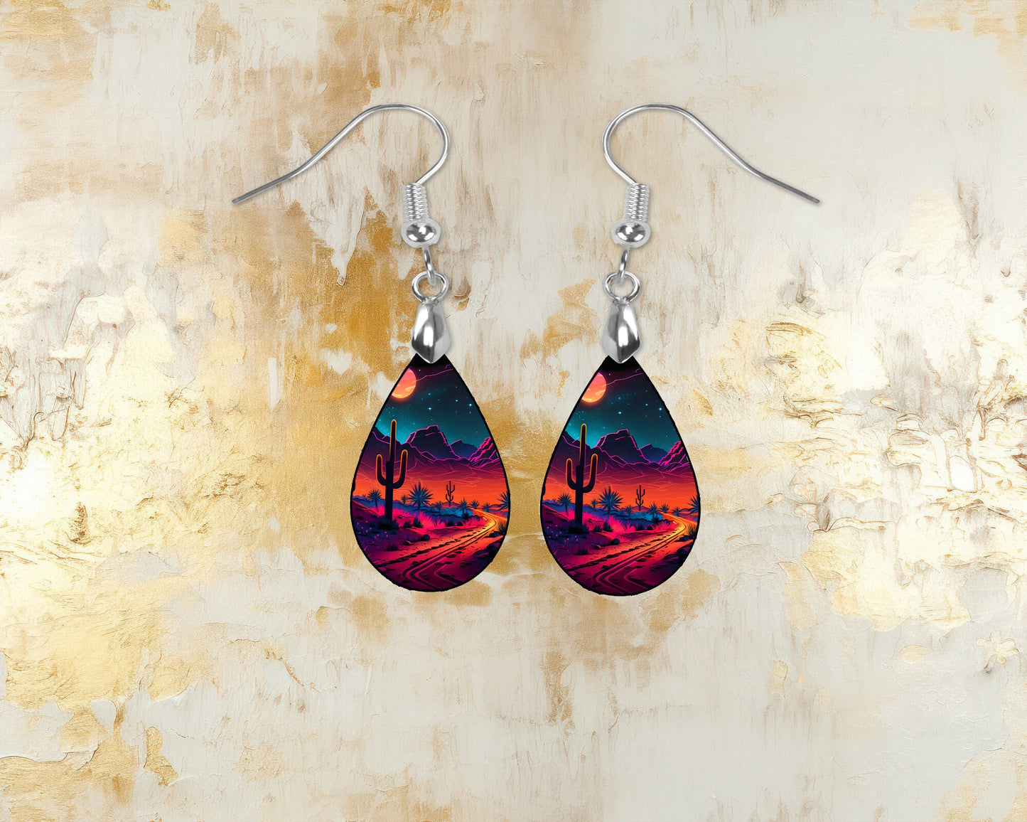 Neon Desert Night Earrings, Teardrop Dangle Printed Earrings Jewelry Handmade