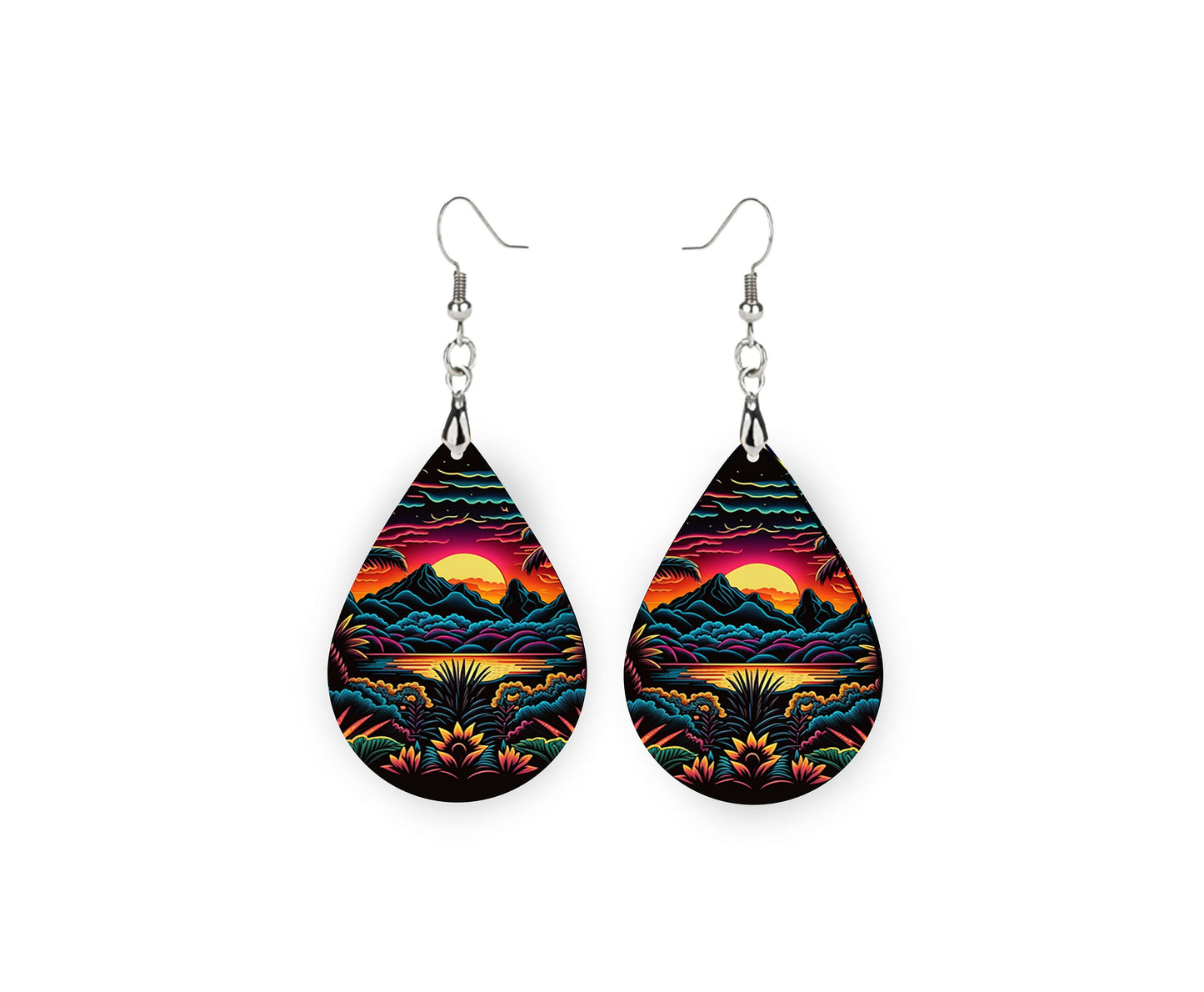 Neon Sunset Beach Earrings, Teardrop Dangle Printed Earrings Jewelry Handmade