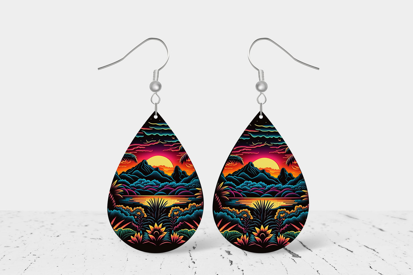 Neon Sunset Beach Earrings, Teardrop Dangle Printed Earrings Jewelry Handmade