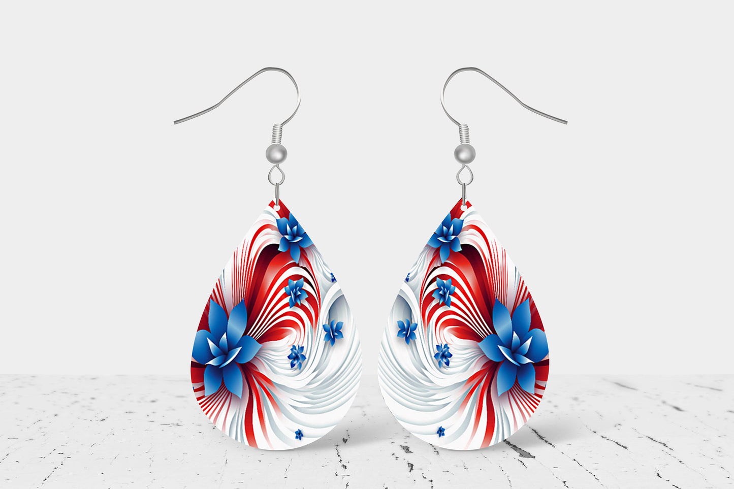 Patriotic Swirl Earrings, Teardrop Dangle Printed Earrings Jewelry Handmade