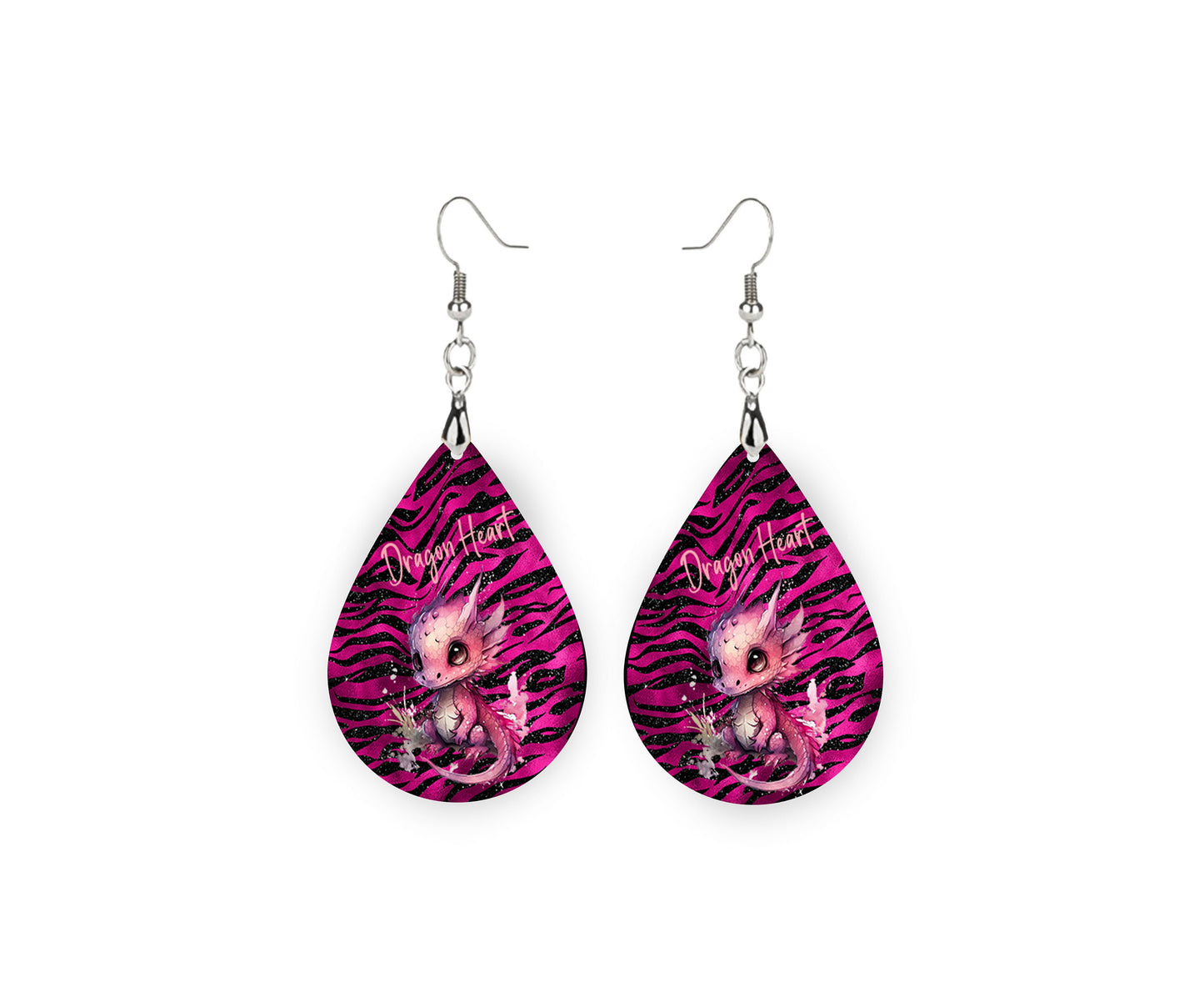 Pink Dragon Heart Earrings, Teardrop Dangle Printed Earrings Jewelry Handmade