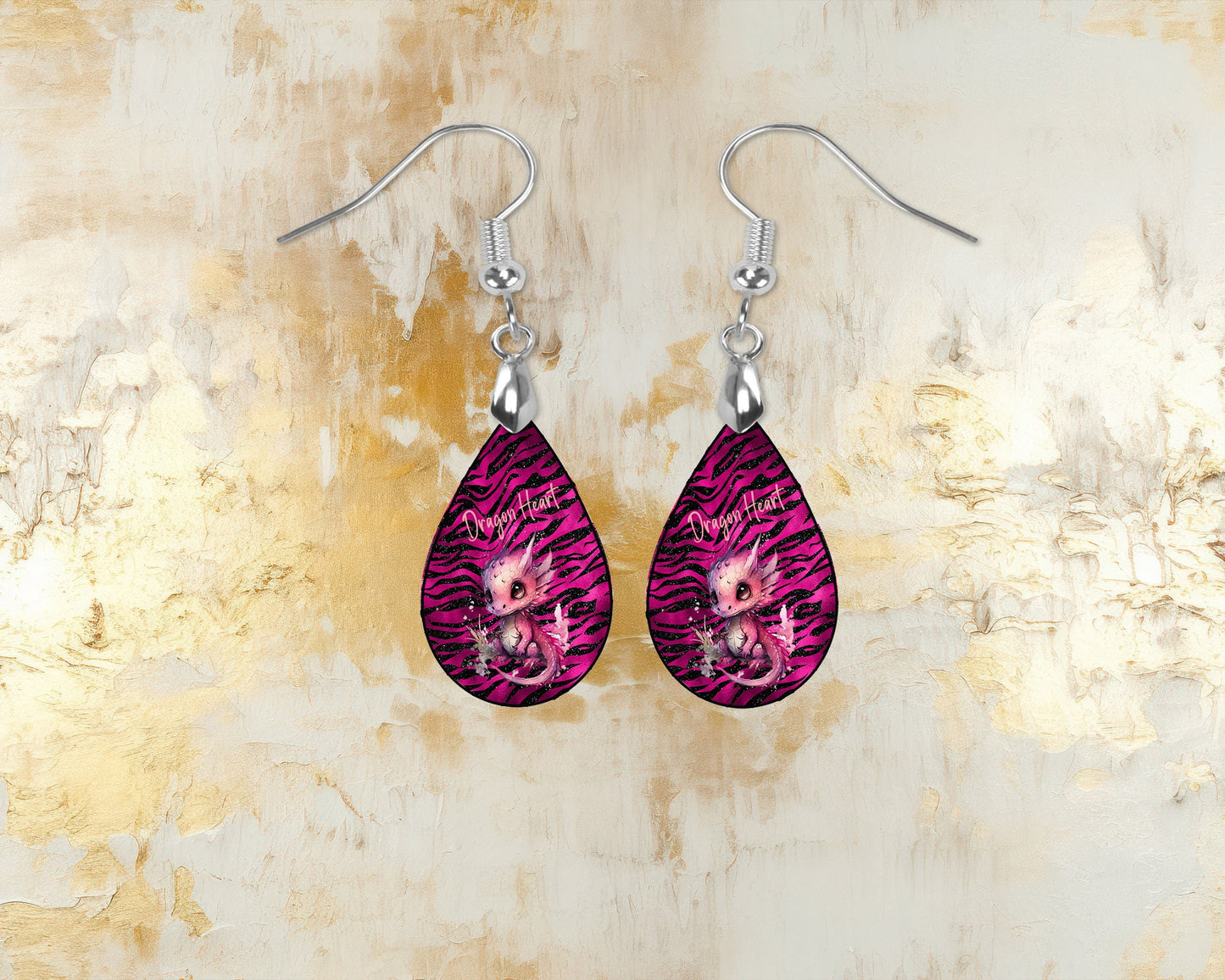 Pink Dragon Heart Earrings, Teardrop Dangle Printed Earrings Jewelry Handmade