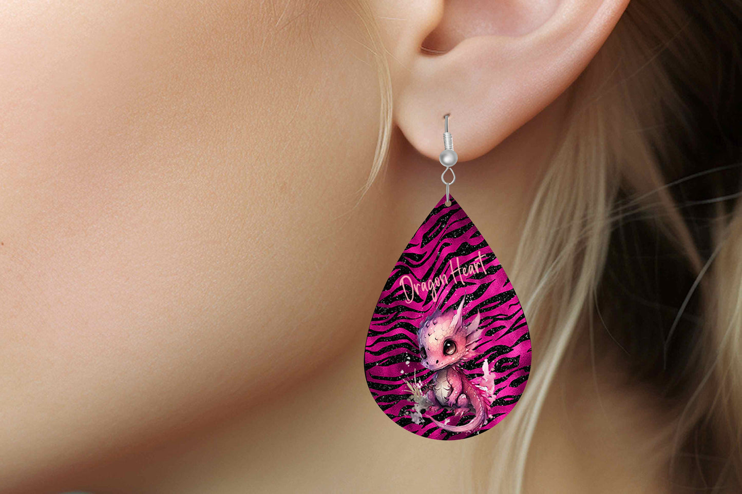 Pink Dragon Heart Earrings, Teardrop Dangle Printed Earrings Jewelry Handmade