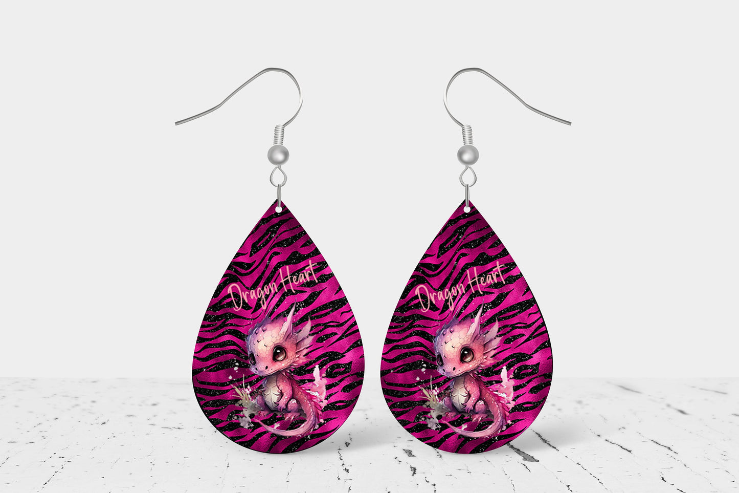 Pink Dragon Heart Earrings, Teardrop Dangle Printed Earrings Jewelry Handmade