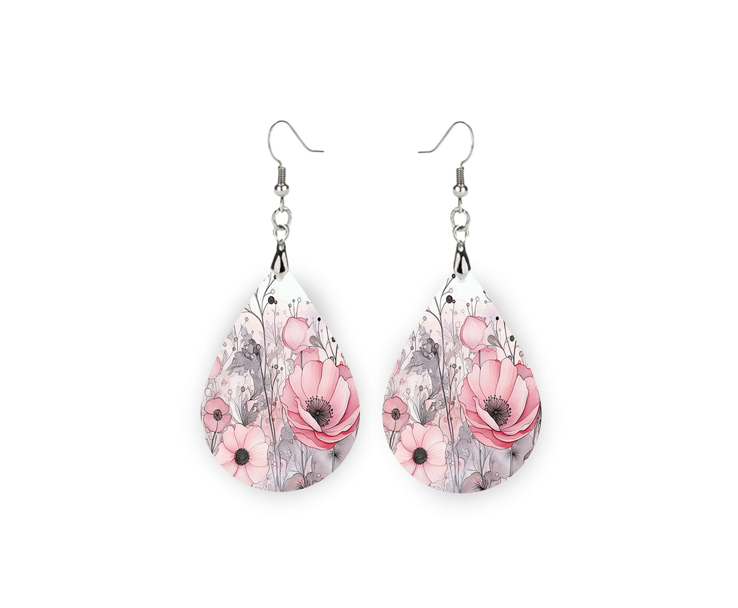 Pink and Gray Floral Earrings, Teardrop Dangle Printed Earrings Jewelry Handmade