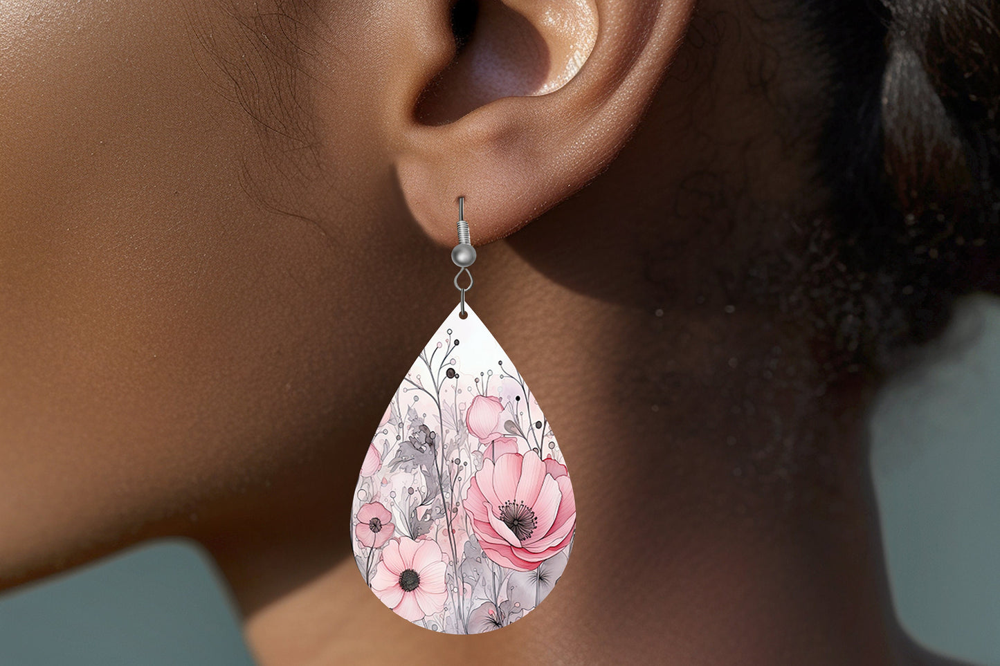 Pink and Gray Floral Earrings, Teardrop Dangle Printed Earrings Jewelry Handmade