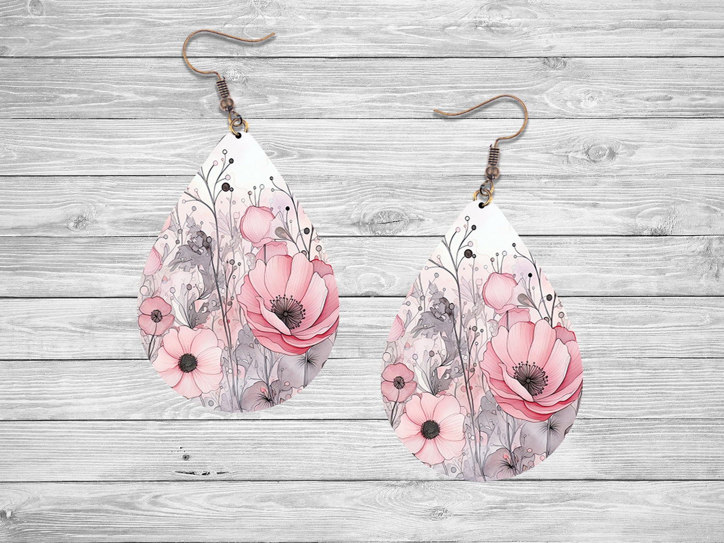 Pink and Gray Floral Earrings, Teardrop Dangle Printed Earrings Jewelry Handmade