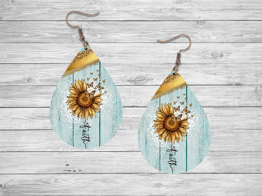 Sunflower Faith on Blue Earrings, Teardrop Dangle Printed Earrings Jewelry Handmade