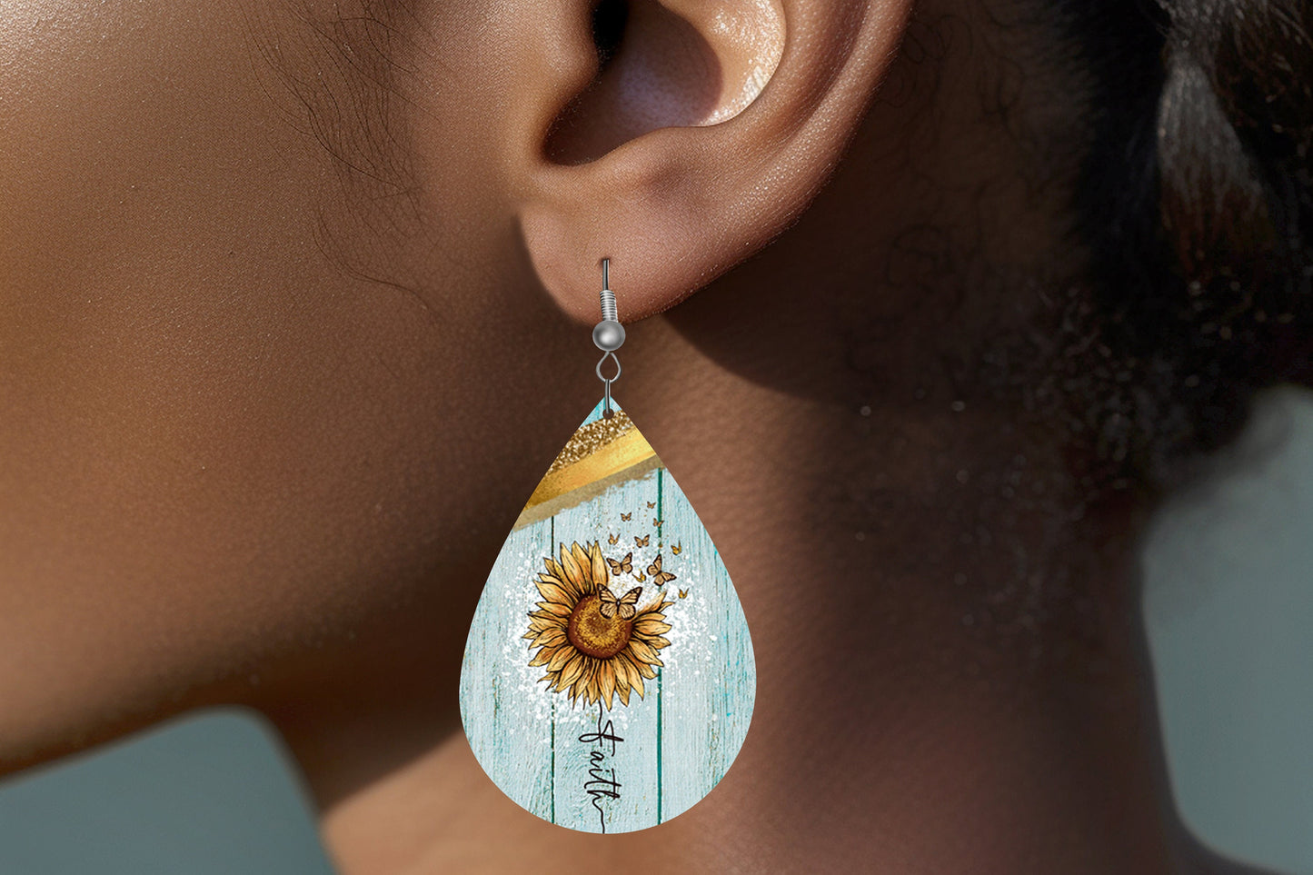 Sunflower Faith on Blue Earrings, Teardrop Dangle Printed Earrings Jewelry Handmade