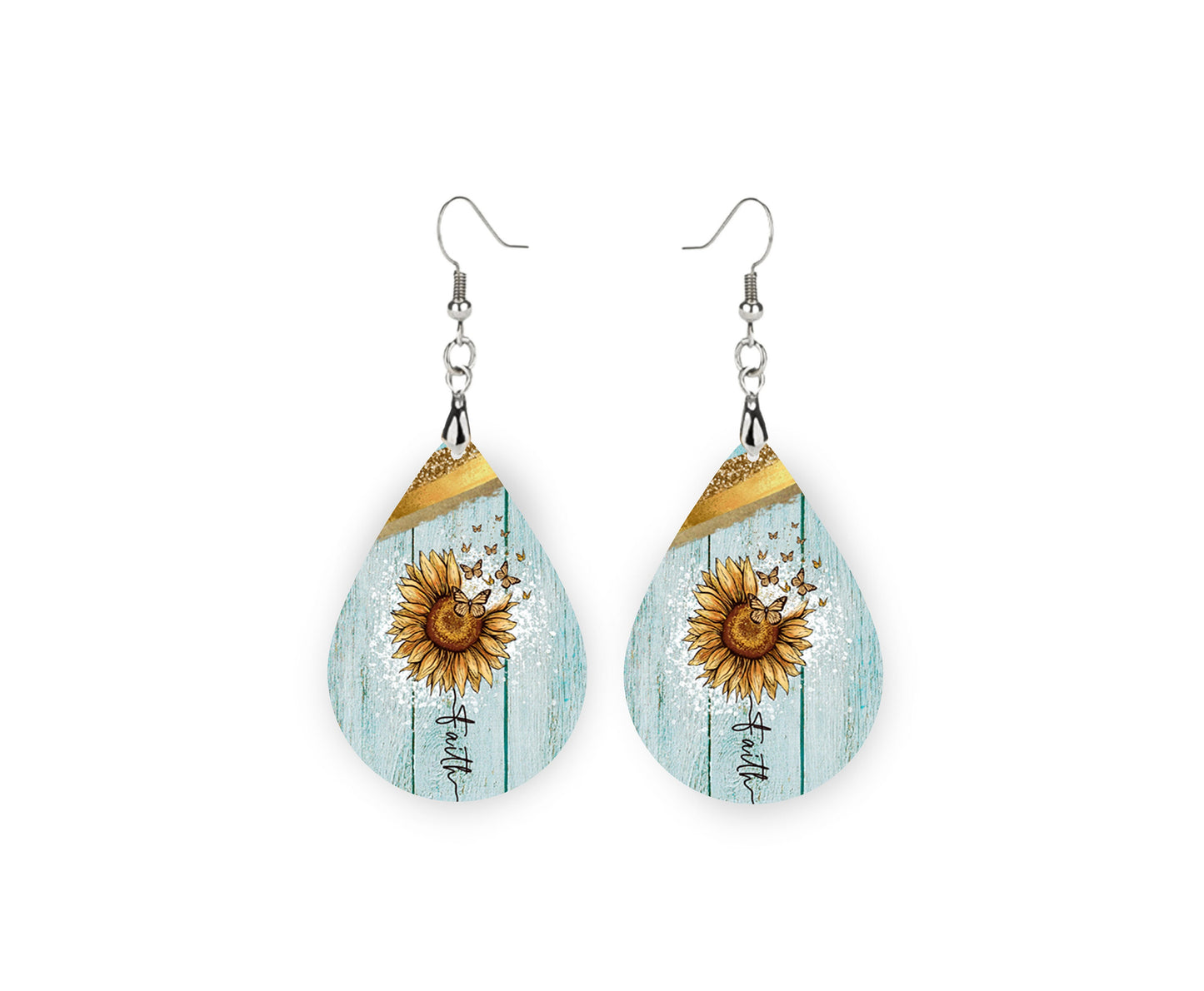 Sunflower Faith on Blue Earrings, Teardrop Dangle Printed Earrings Jewelry Handmade