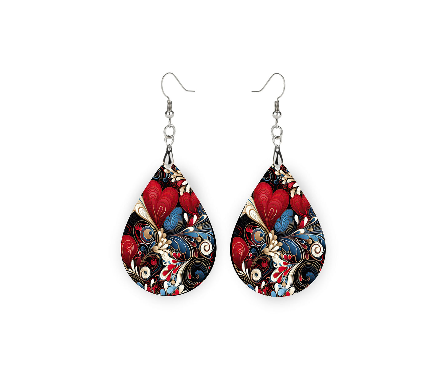 Red White and Blue Hearts Earrings, Teardrop Dangle Printed Earrings Jewelry Handmade