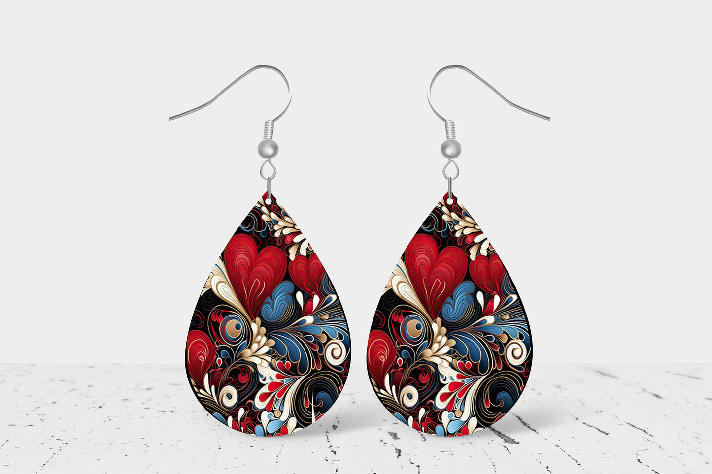 Red White and Blue Hearts Earrings, Teardrop Dangle Printed Earrings Jewelry Handmade