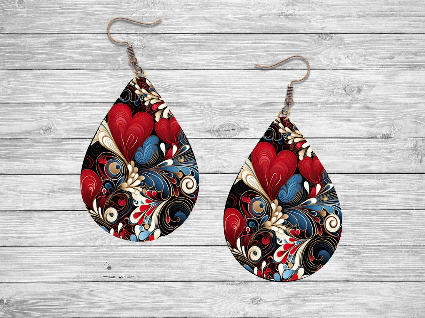 Red White and Blue Hearts Earrings, Teardrop Dangle Printed Earrings Jewelry Handmade