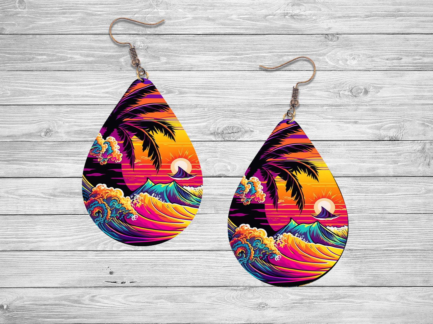 Neon Beach Print Earrings Print Tear Drop Wood Dangle Earrings Hypoallergenic Jewelry