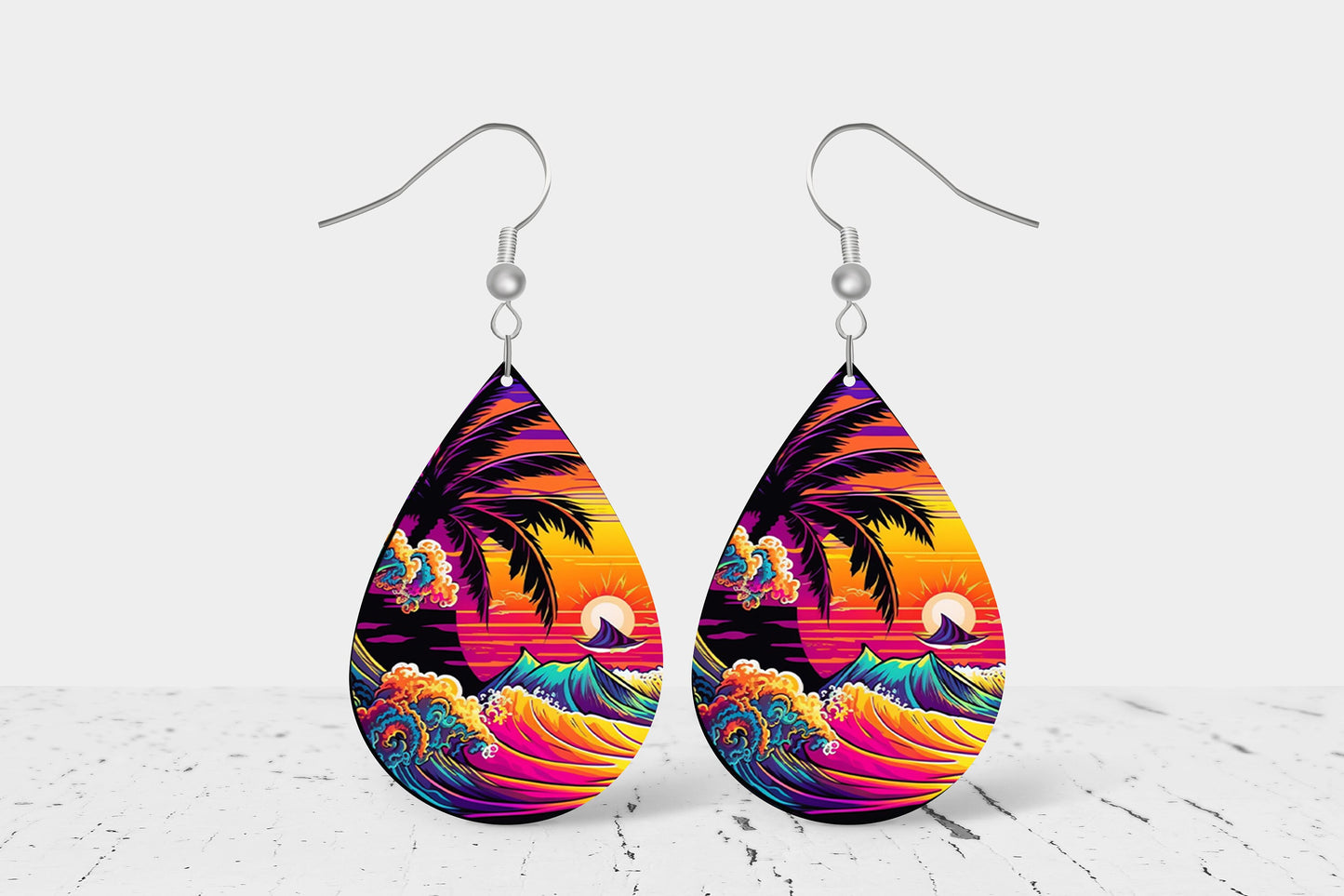 Neon Beach Print Earrings Print Tear Drop Wood Dangle Earrings Hypoallergenic Jewelry