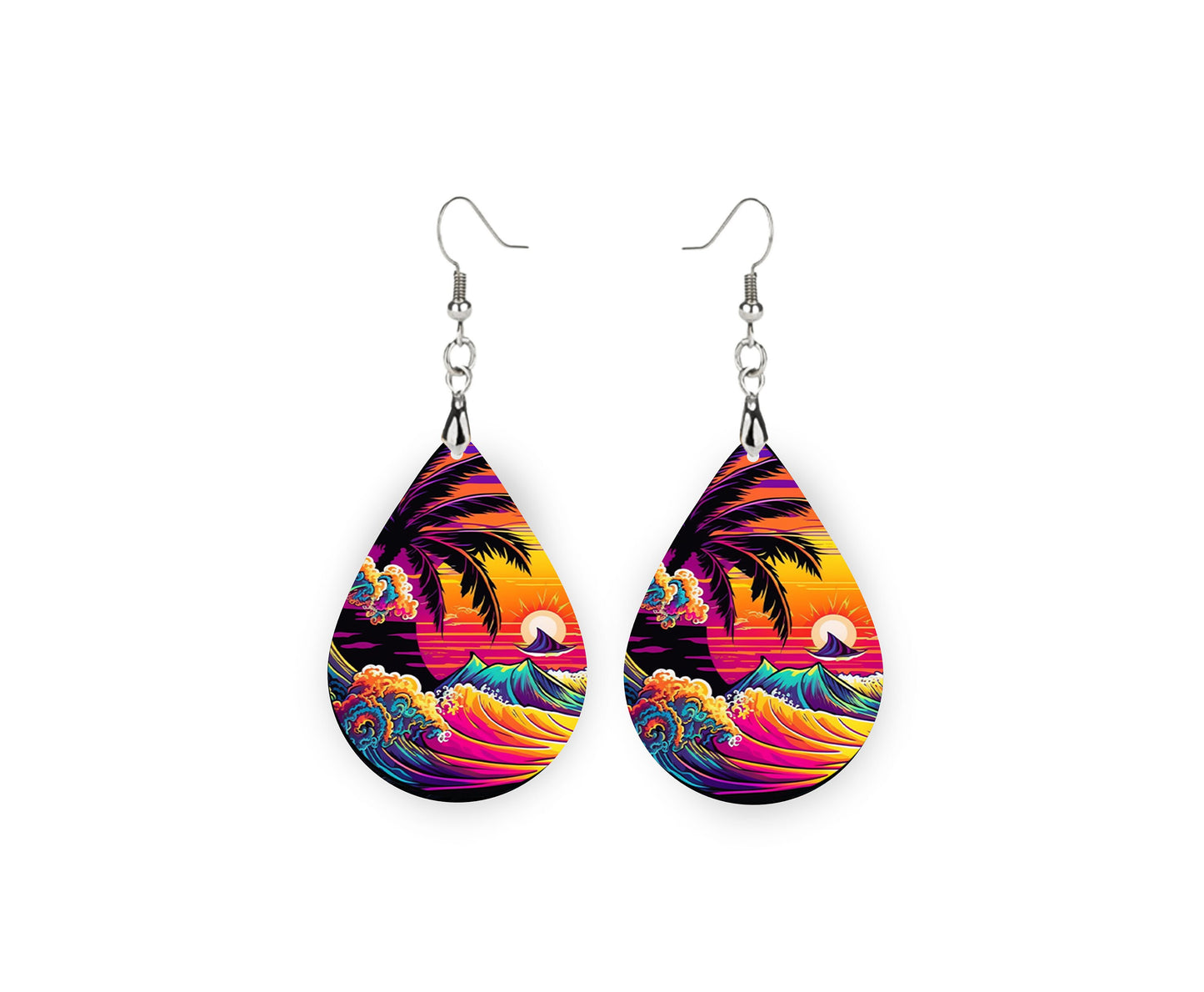 Neon Beach Print Earrings Print Tear Drop Wood Dangle Earrings Hypoallergenic Jewelry