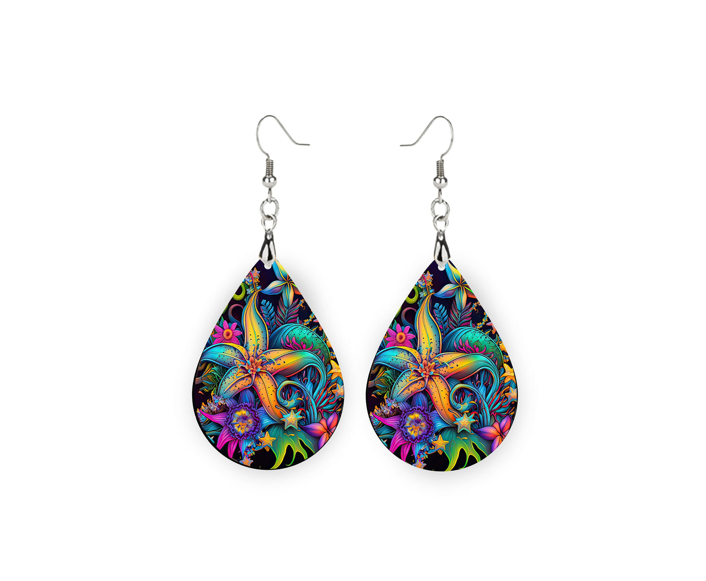 Neon Starfish Print Earrings Print Tear Drop Wood Dangle Earrings Hypoallergenic Jewelry