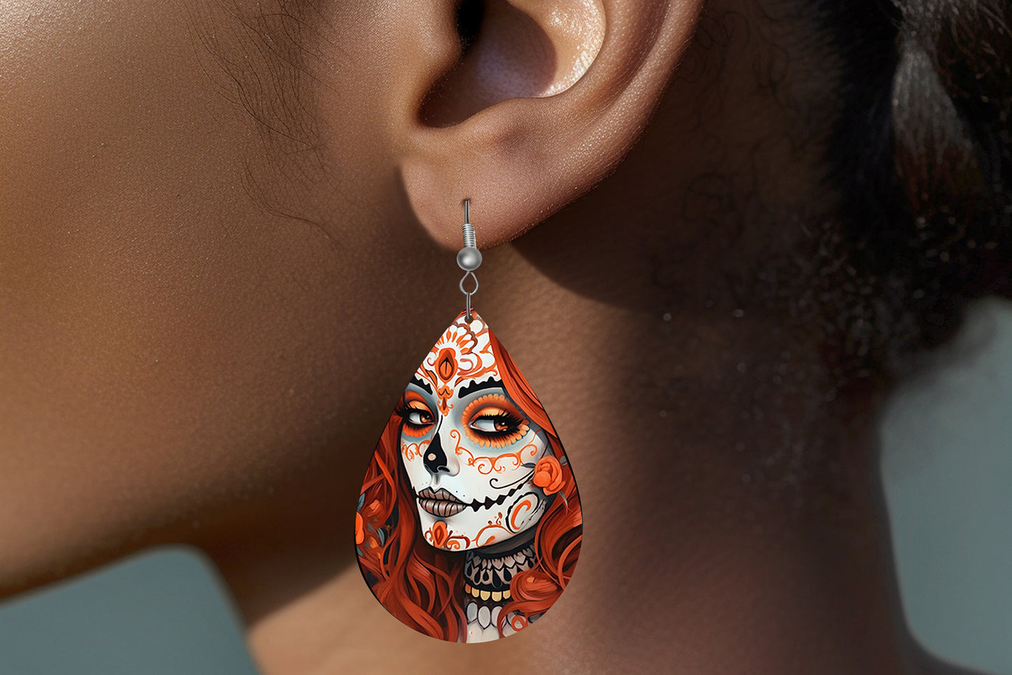 Orange and Black Sugar Skull Print Earrings Print Tear Drop Wood Dangle Earrings Hypoallergenic Jewelry