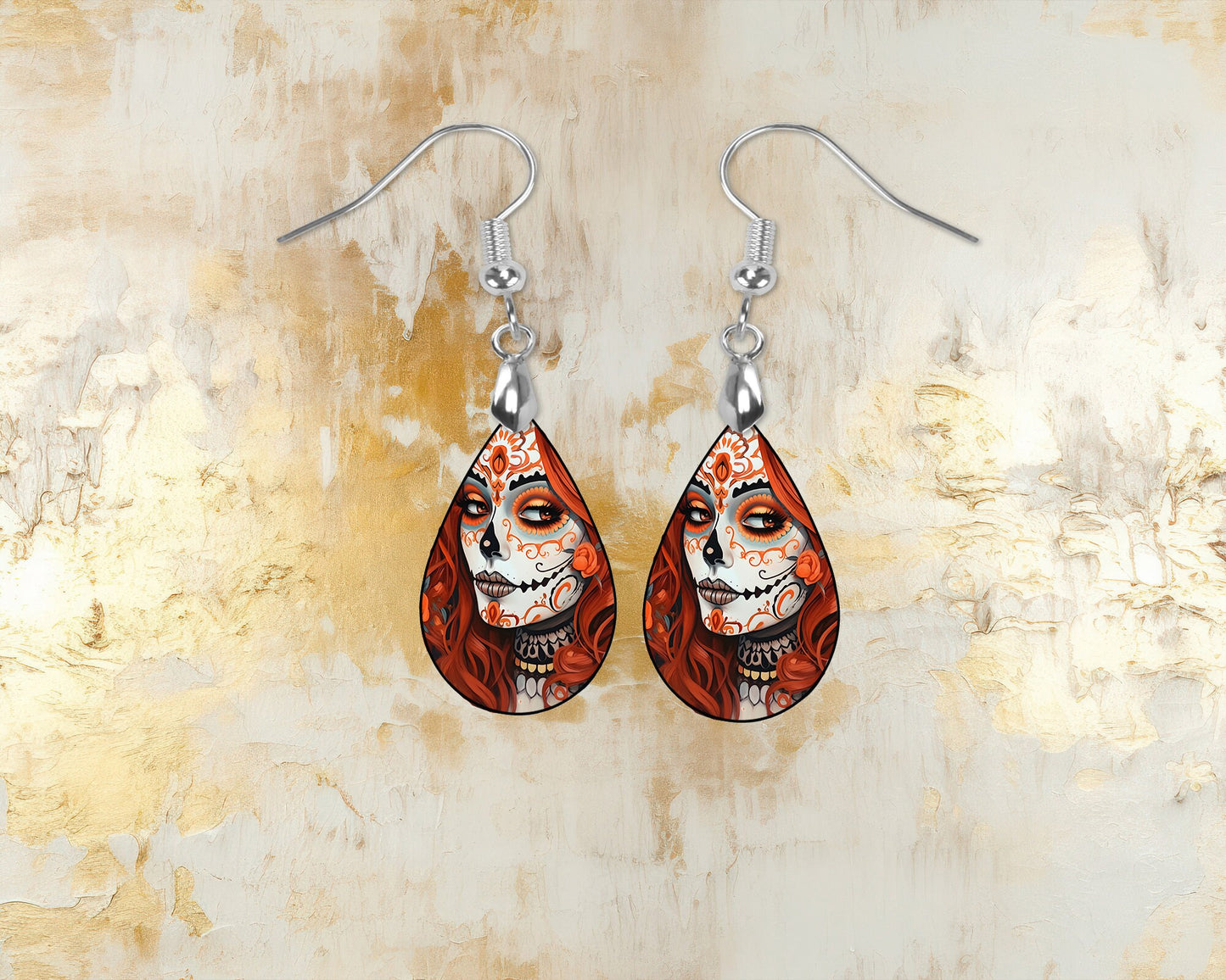 Orange and Black Sugar Skull Print Earrings Print Tear Drop Wood Dangle Earrings Hypoallergenic Jewelry