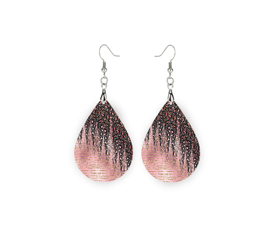 Pink Black Leopard Print Earrings Print Tear Drop Wood Dangle Earrings Hypoallergenic Jewelry