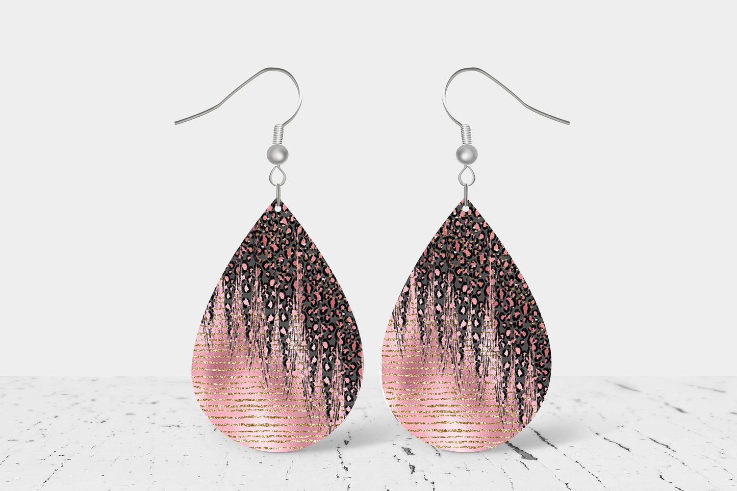 Pink Black Leopard Print Earrings Print Tear Drop Wood Dangle Earrings Hypoallergenic Jewelry