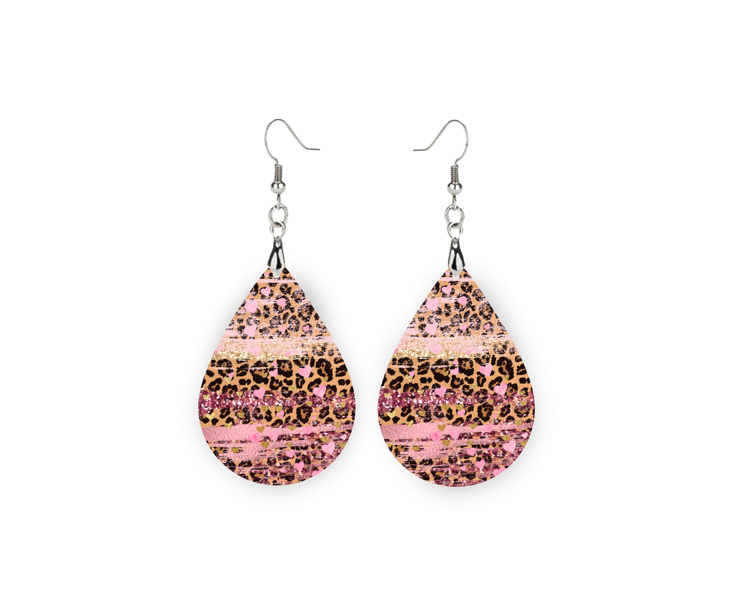 Pink Hearts on Leopard Print Earrings Print Tear Drop Wood Dangle Earrings Hypoallergenic Jewelry