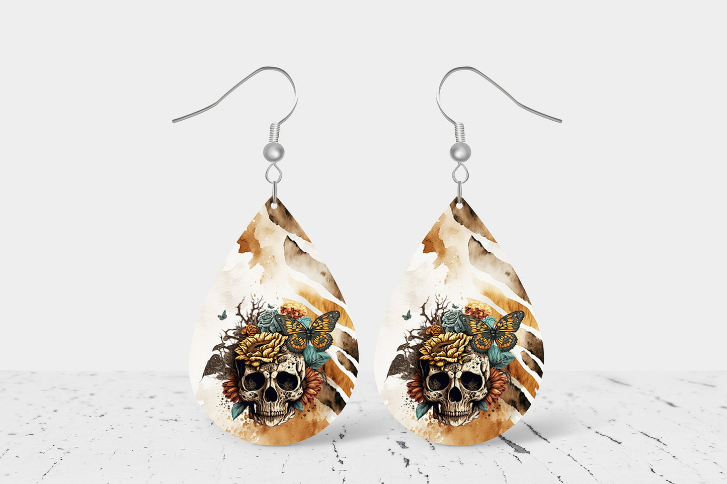 Skull on Animal Print Earrings Print Tear Drop Wood Dangle Earrings Hypoallergenic Jewelry