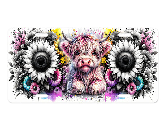 Vanity Front License Plate, Highland Cow and Flowers Aluminum License Plate Car Accessory Decorative Front Plate