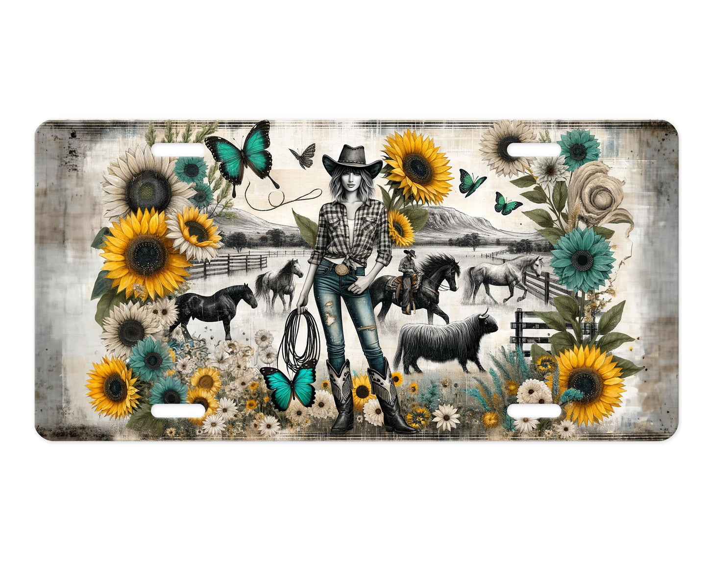 Cowgirl and Sunflowers Vanity Decorative Front License Plate Cute Car License Plate Aluminum Metal Plate