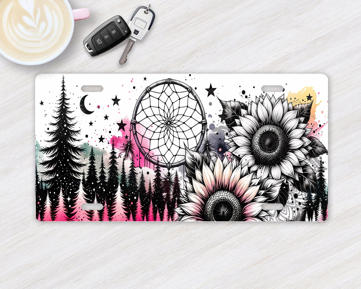 Sunflowers and Dream Catcher Vanity Decorative Front License Plate Cute Car License Plate Aluminum Metal Plate