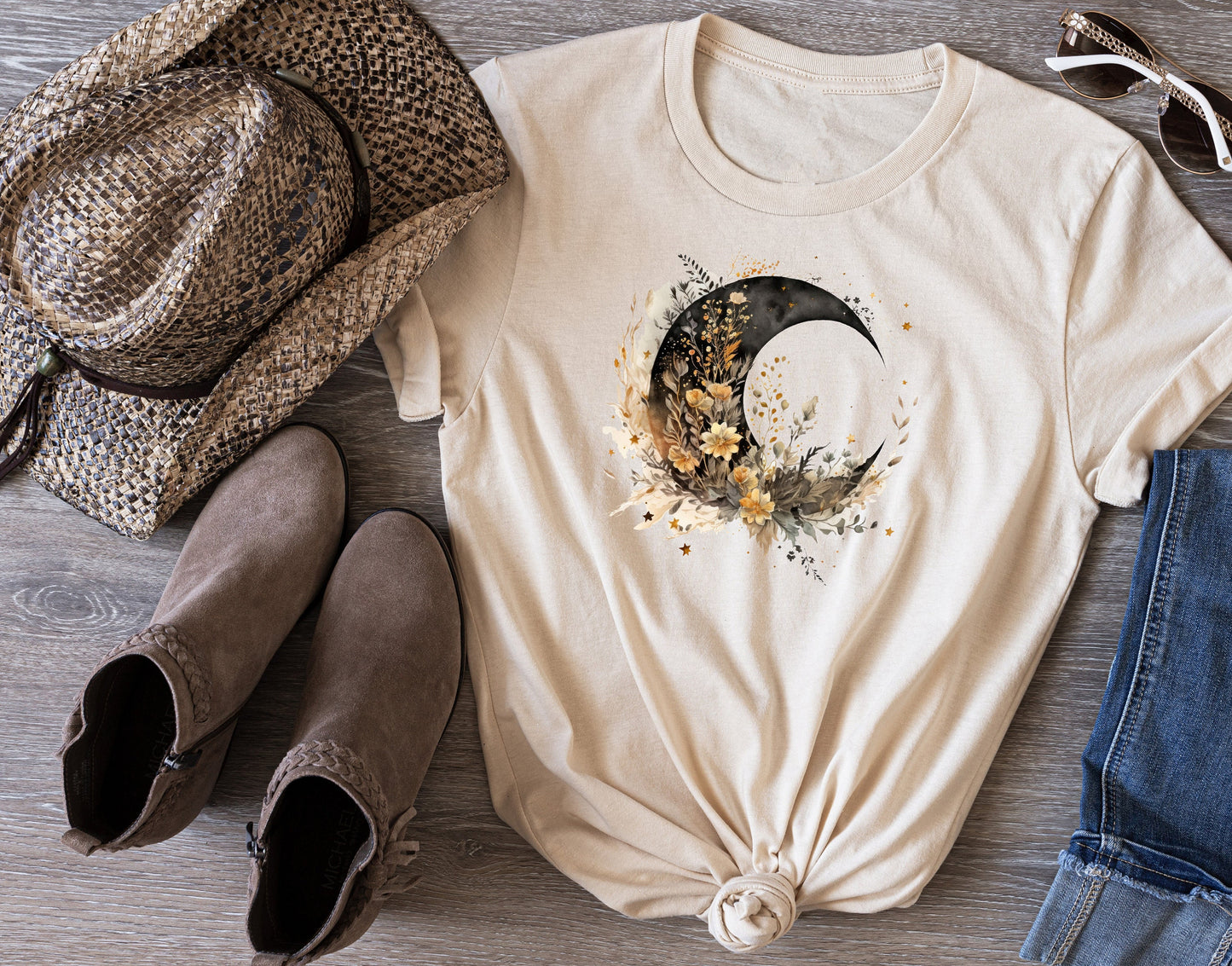 Floral Moon T Shirt, Tshirt, Graphic T's  100% Cotton Tee