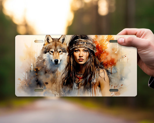 Native American Girl and Wolf Vanity Decorative Front License Plate Cute Car License Plate Aluminum Metal Plate