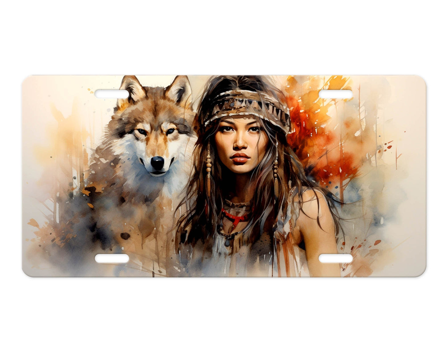 Native American Girl and Wolf Vanity Decorative Front License Plate Cute Car License Plate Aluminum Metal Plate