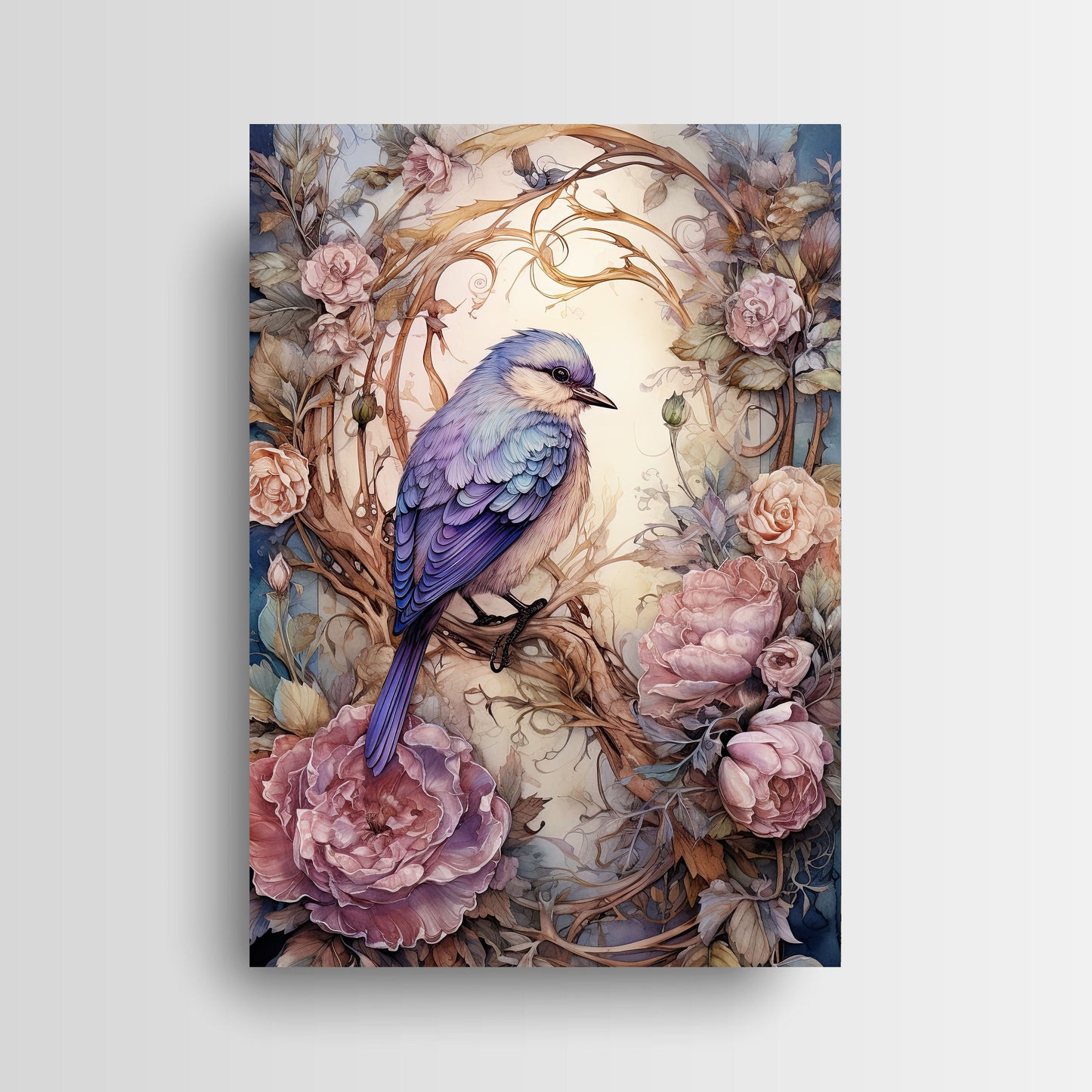 11x14 Cabbage Roses and Bird Wall Art Canvas Print