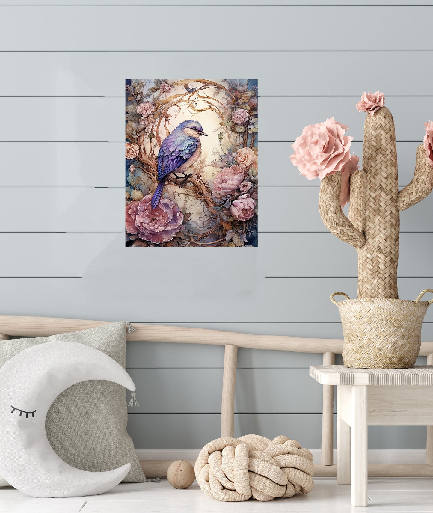 11x14 Cabbage Roses and Bird Wall Art Canvas Print