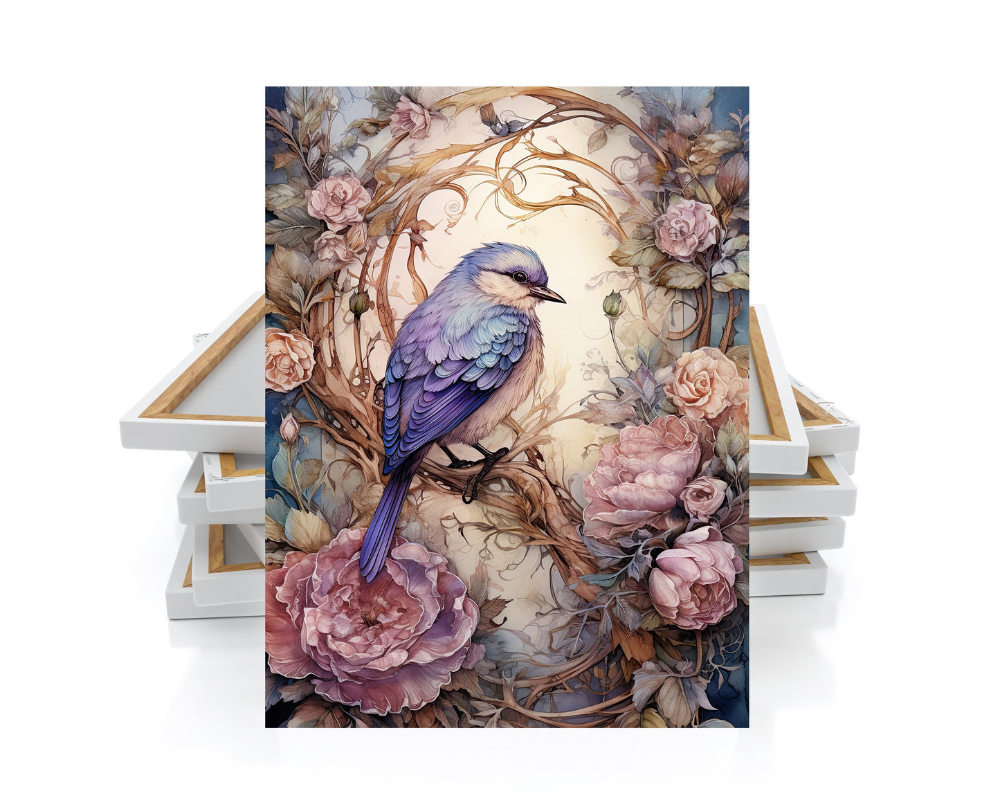 11x14 Cabbage Roses and Bird Wall Art Canvas Print