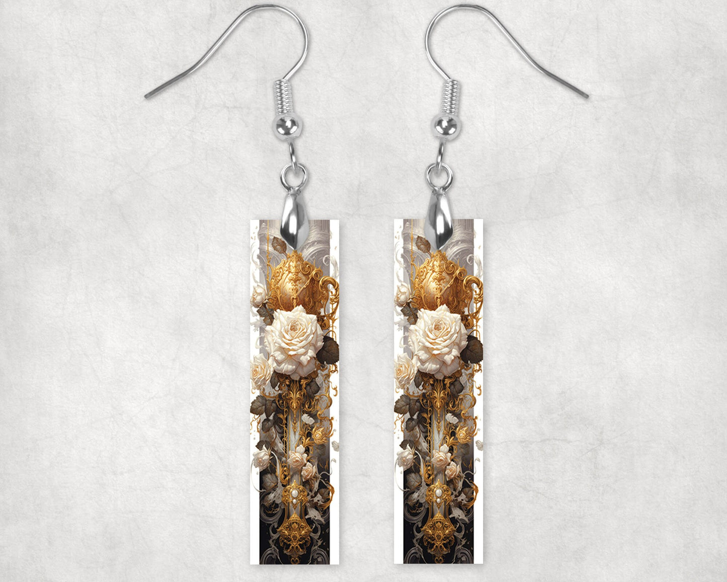 Rococo White Rose Earrings, Bar Dangle Printed Earrings Jewelry Handmade