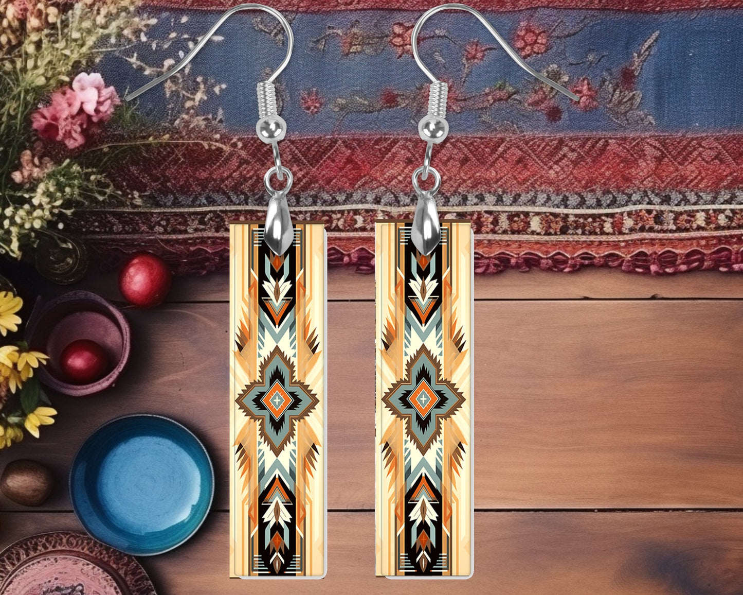 Southwest Earrings, Bar Dangle Printed Earrings Jewelry Handmade