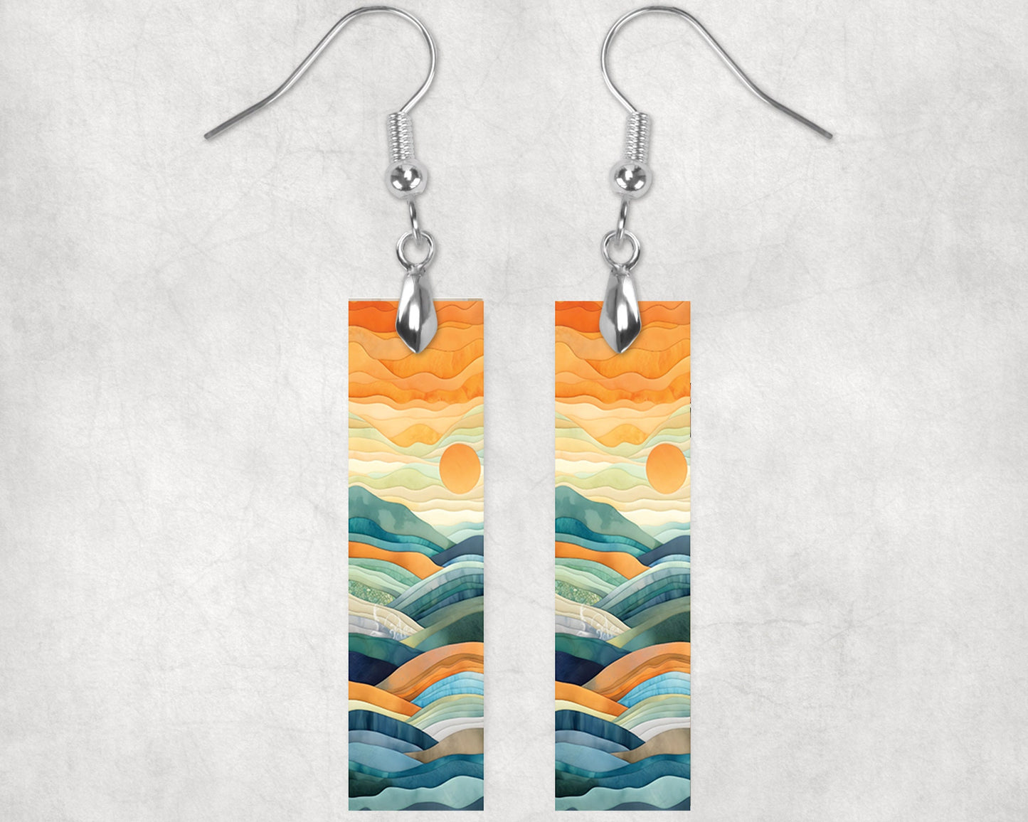 Watercolor Sunrise Earrings, Bar Dangle Printed Earrings Jewelry Handmade